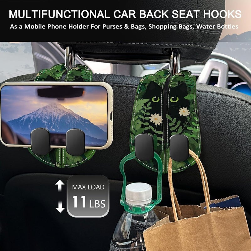 Blusabaca 2PCS Car Seat Back Storage Headrest Hooks, Black Cat Floral Purse Holder Bags Hanger, PU Leather Double Metal Hook for Backseat Organizer, Women Car Accessories Organization - Image 3